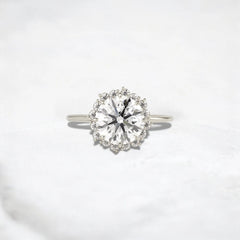 Scalloped Halo Round Diamond Engagement Ring Vintage Bridal Jewelry