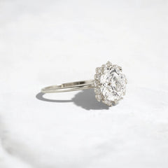 Scalloped Halo Round Diamond Engagement Ring Vintage Bridal Jewelry