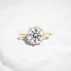 Scalloped Halo Round Diamond Engagement Ring Vintage Bridal Jewelry