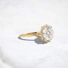 Scalloped Halo Round Diamond Engagement Ring Vintage Bridal Jewelry