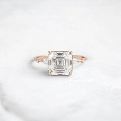 Three Stone 3.0CT Asscher Cut Moissanite Accented Two Marquise And Eight Round Four Prong