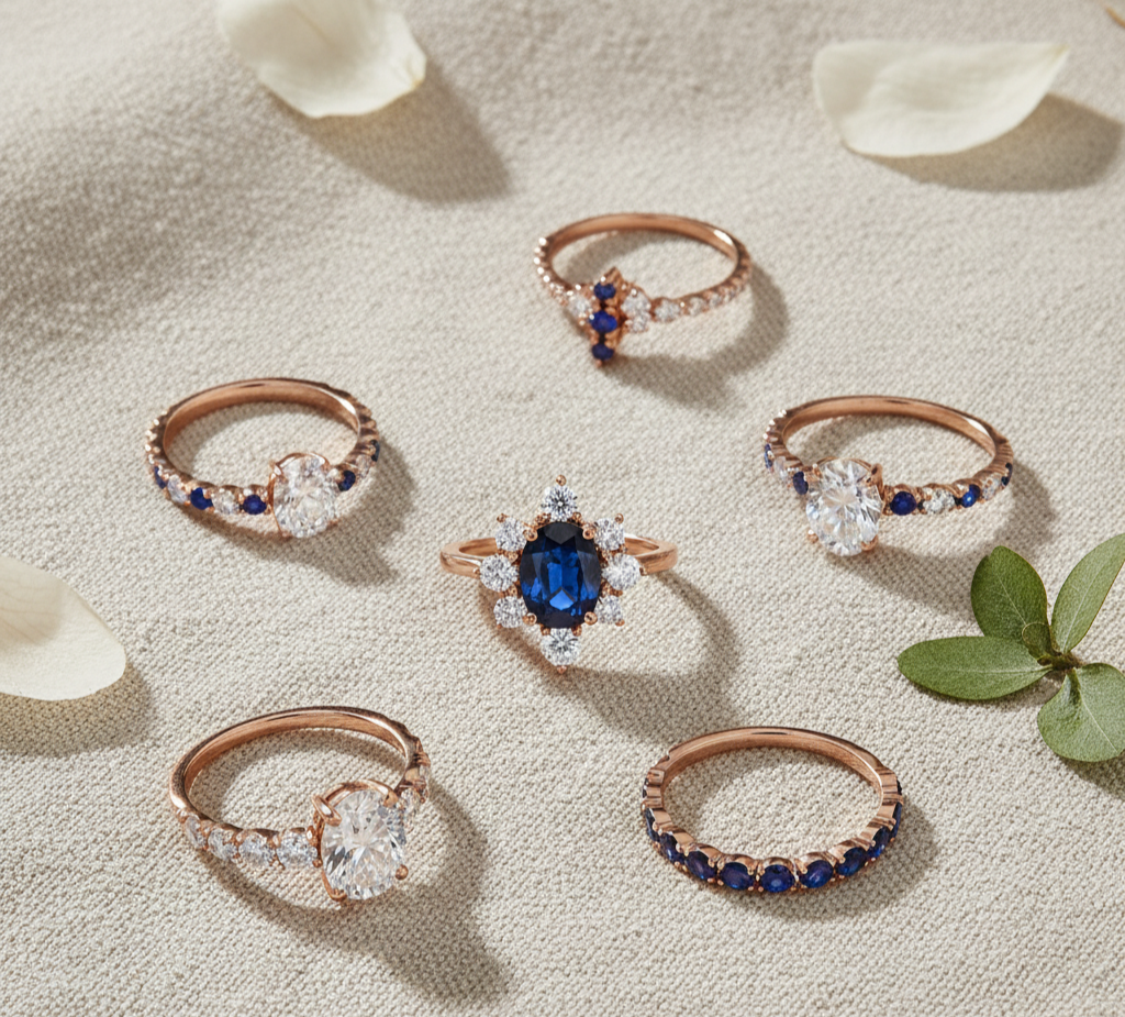 flat-lay-of-elegant-blue-sapphire-and-white-moissanite-cluster-engagement-rings-on-soft-linen-fabric