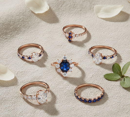 flat-lay-of-elegant-blue-sapphire-and-white-moissanite-cluster-engagement-rings-on-soft-linen-fabric