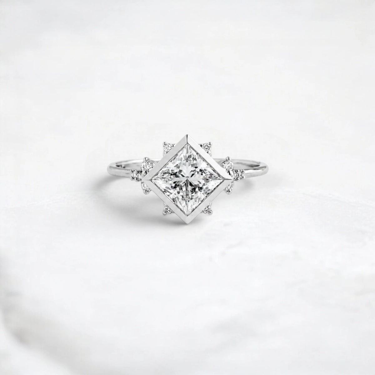 Princess Cut 1.71CT Moissanite Cluster Bezel Band Engagement Ring