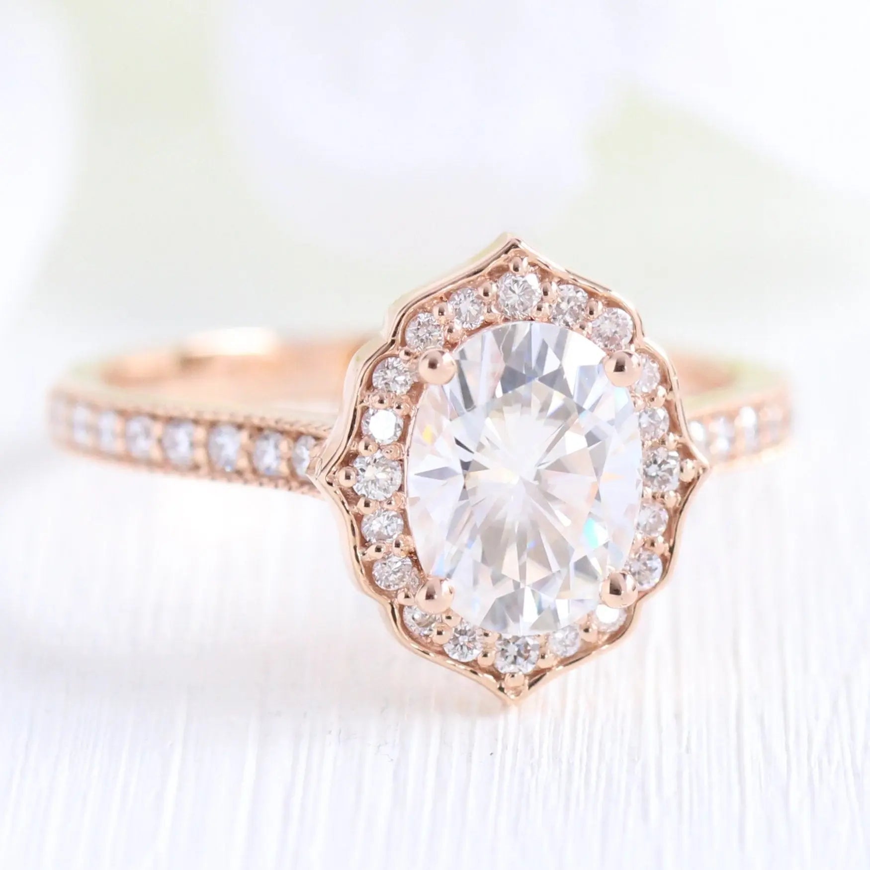 1.50CT Vintage Floral Oval Cut Moissanite Halo Bridal Engagement Ring Set