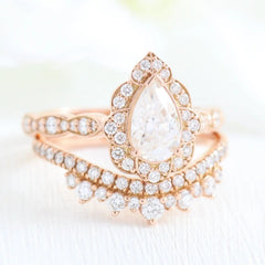 1.0CT Vintage Floral Pear Cut Moissanite Halo Bridal Engagement Ring Set