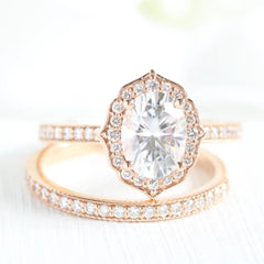 1.50CT Vintage Floral Oval Cut Moissanite Halo Bridal Engagement Ring Set
