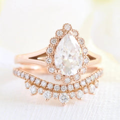 1.60CT Pear Cut Moissanite Halo Bridal Engagement Ring Set