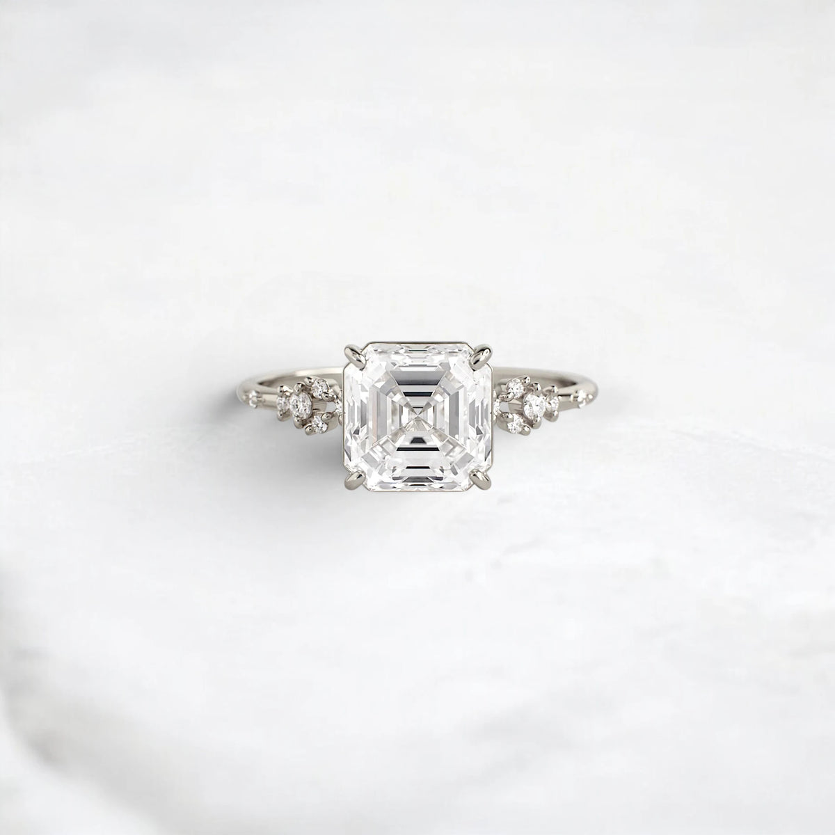 2 Carat Asscher Cut Moissanite Engagement Ring with Cluster Side Stones