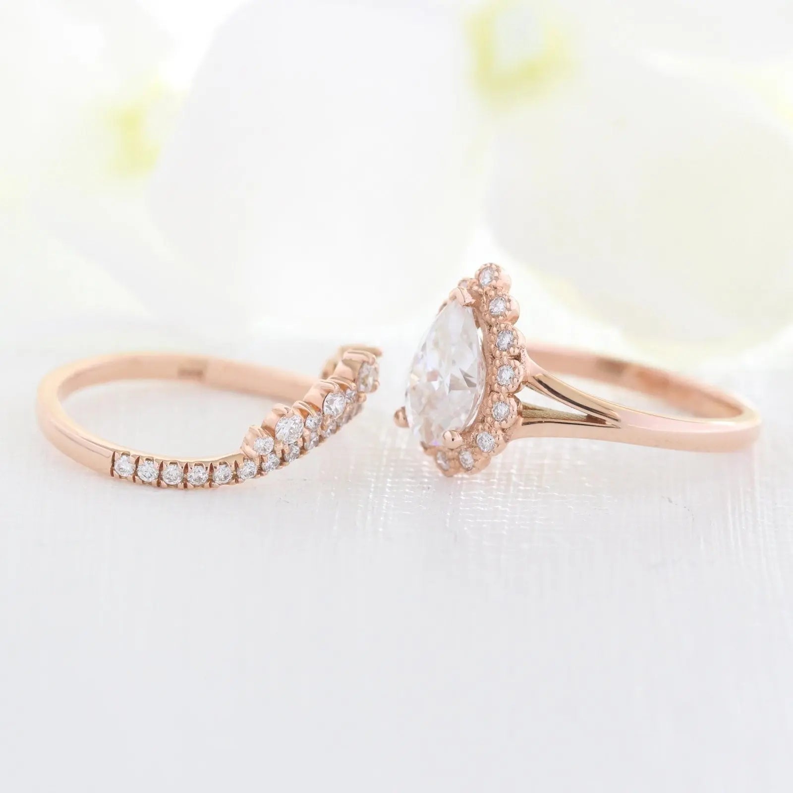 1.60CT Pear Cut Moissanite Halo Bridal Engagement Ring Set