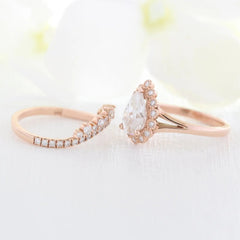 1.60CT Pear Cut Moissanite Halo Bridal Engagement Ring Set