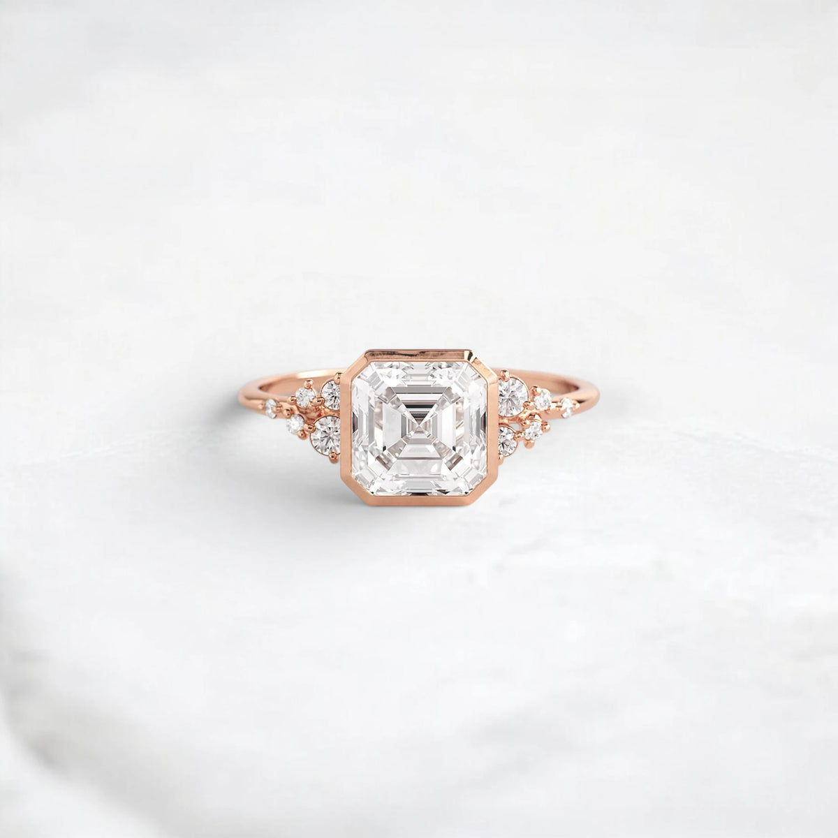 2CT Asscher Cut Bezel Set Moissanite Halo Cluster Engagement Ring in 14K Gold
