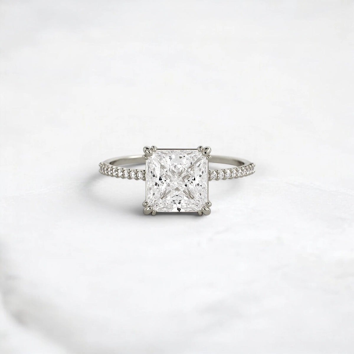 2CT Moissanite Princess Shape Pave Band Triple-Prongs Yellow Gold Engagement Ring