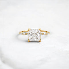 2CT Moissanite Princess Shape Pave Band Triple-Prongs Yellow Gold Engagement Ring