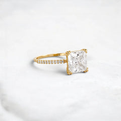 2CT Moissanite Princess Shape Pave Band Triple-Prongs Yellow Gold Engagement Ring