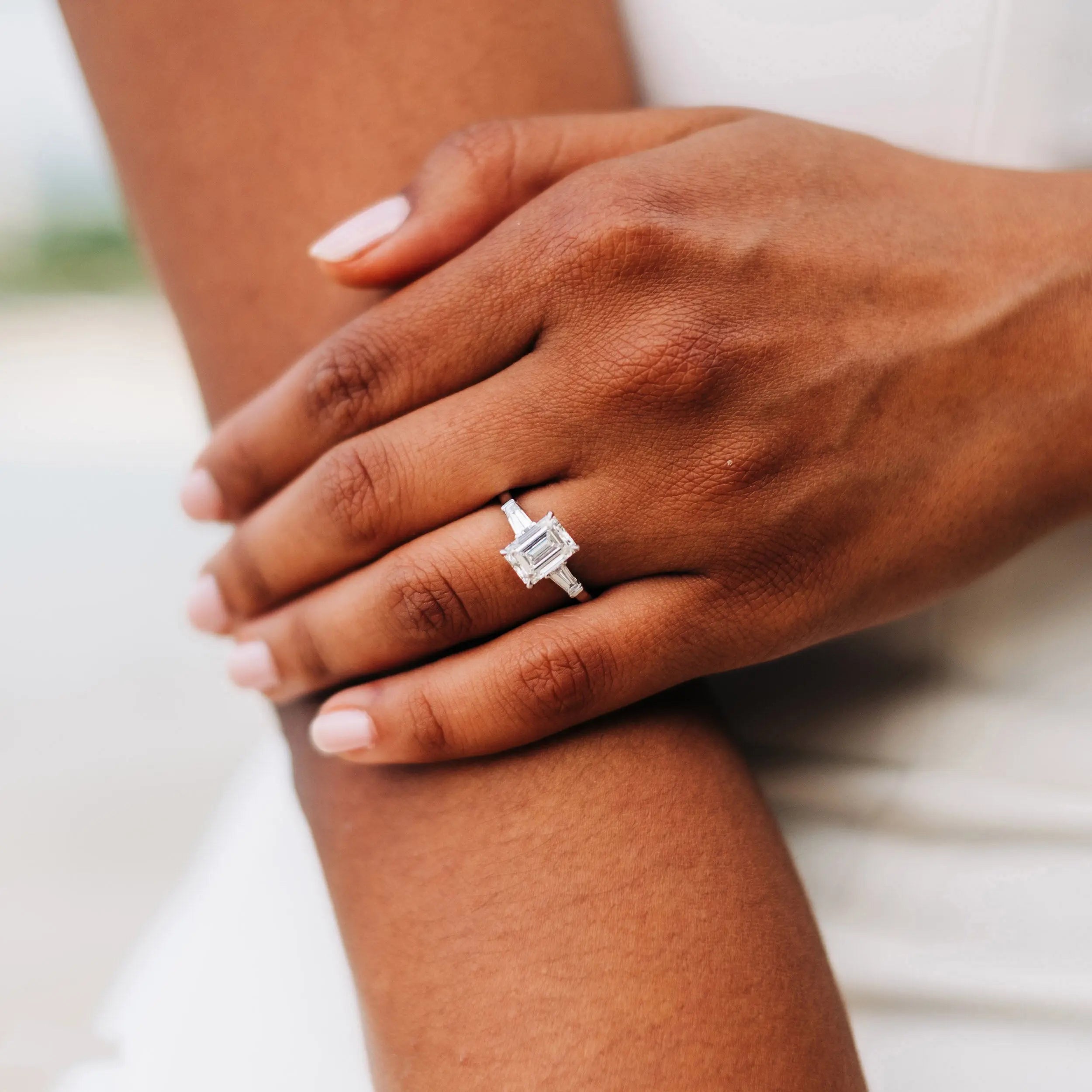 3.0CT Emerald Cut Three Stone Moissanite Diamond Engagement Ring
