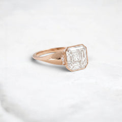 3.13CT Asscher Cut Moissanite Bezel Engagement Ring with Pear Side Stones in 14K Yellow Gold