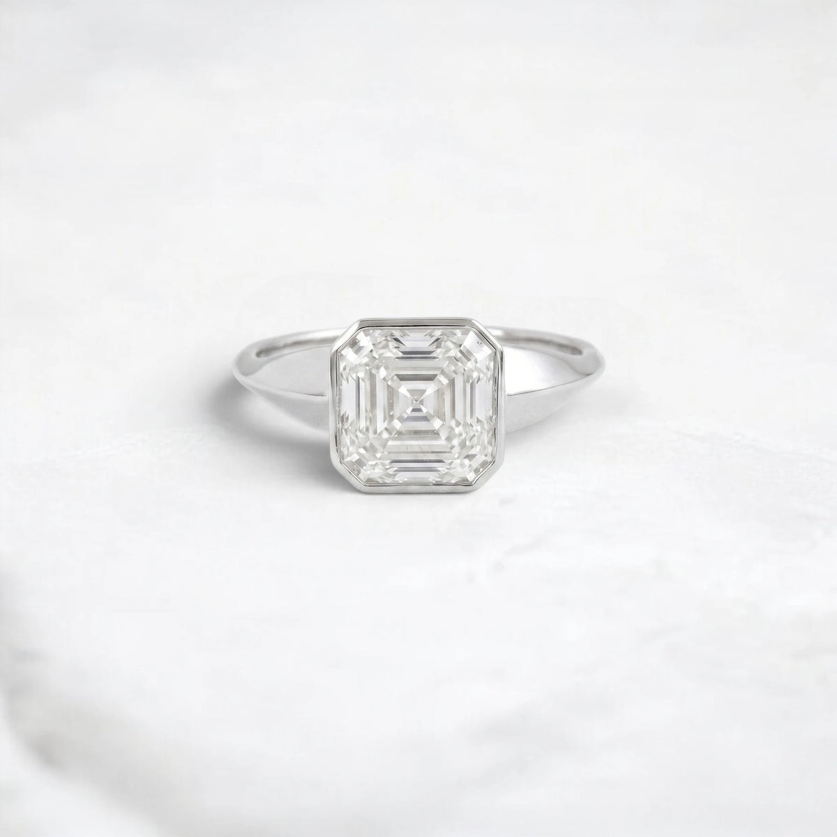 3.13CT Asscher Cut Moissanite Bezel Engagement Ring with Pear Side Stones in 14K Yellow Gold