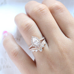 1.0CT Pear Cut Solitaire Moissanite Halo Pave Bridal Engagement Ring Set