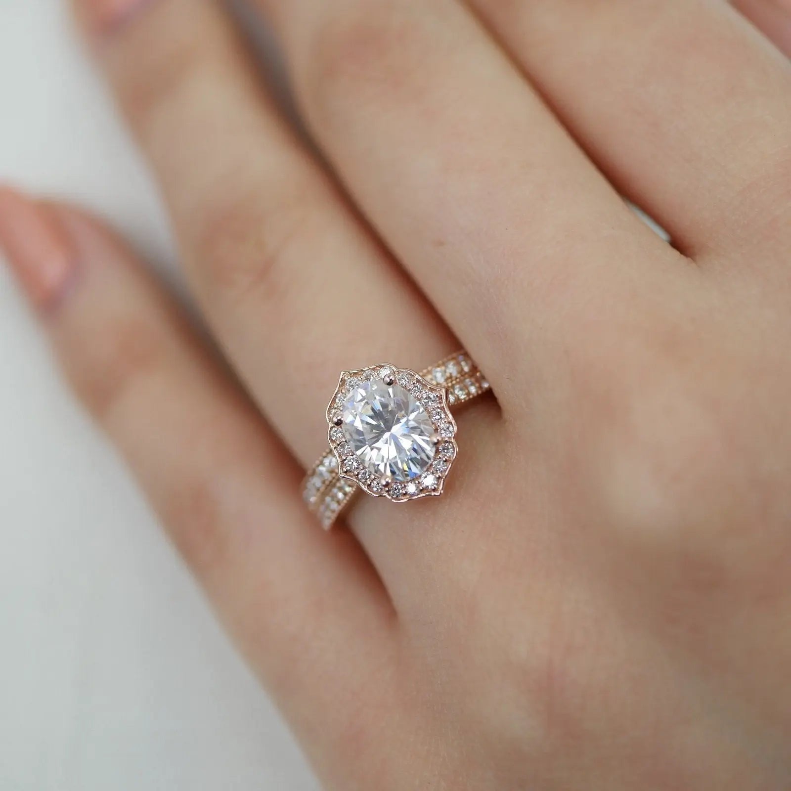 1.50CT Vintage Floral Oval Cut Moissanite Halo Bridal Engagement Ring Set