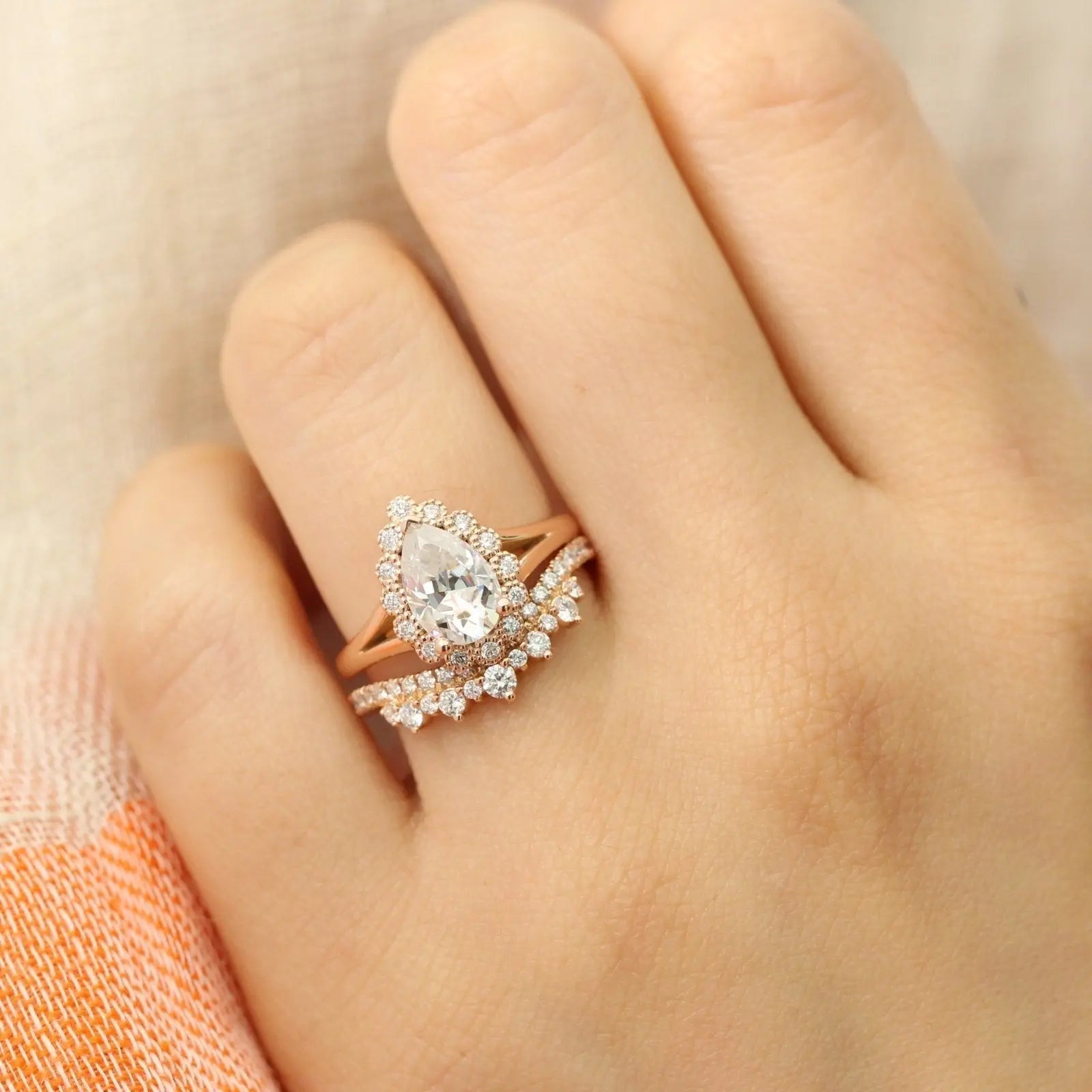 1.60CT Pear Cut Moissanite Halo Bridal Engagement Ring Set