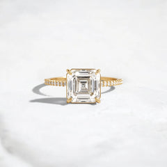 3CT Asscher Cut Moissanite Engagement Ring with Pave 14K Solid Yellow Gold