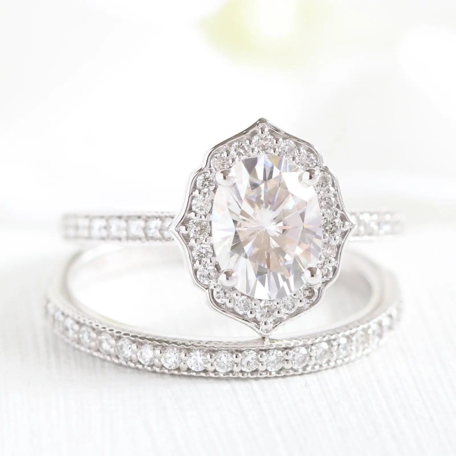 1.50CT Vintage Floral Oval Cut Moissanite Halo Bridal Engagement Ring Set