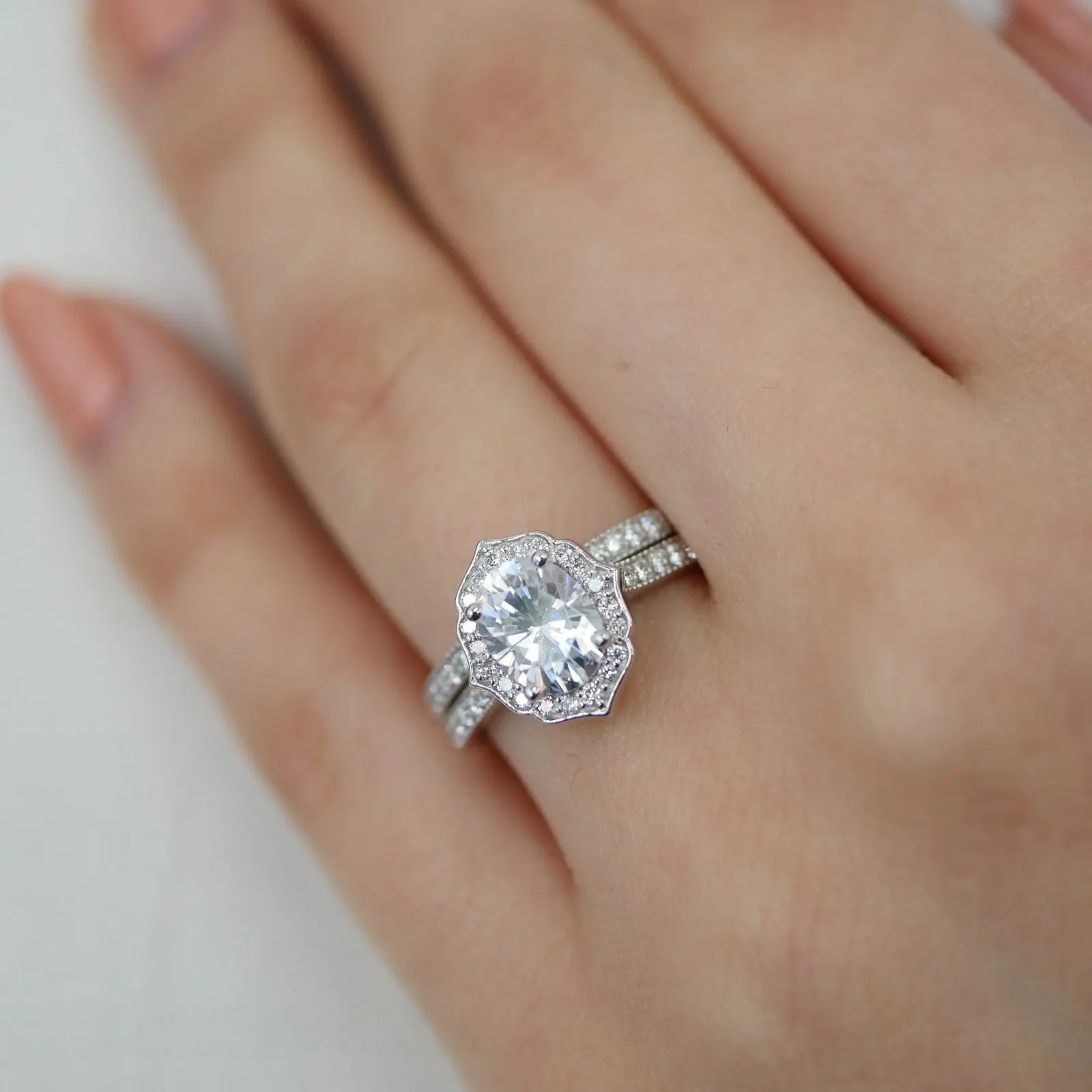 1.50CT Vintage Floral Oval Cut Moissanite Halo Bridal Engagement Ring Set