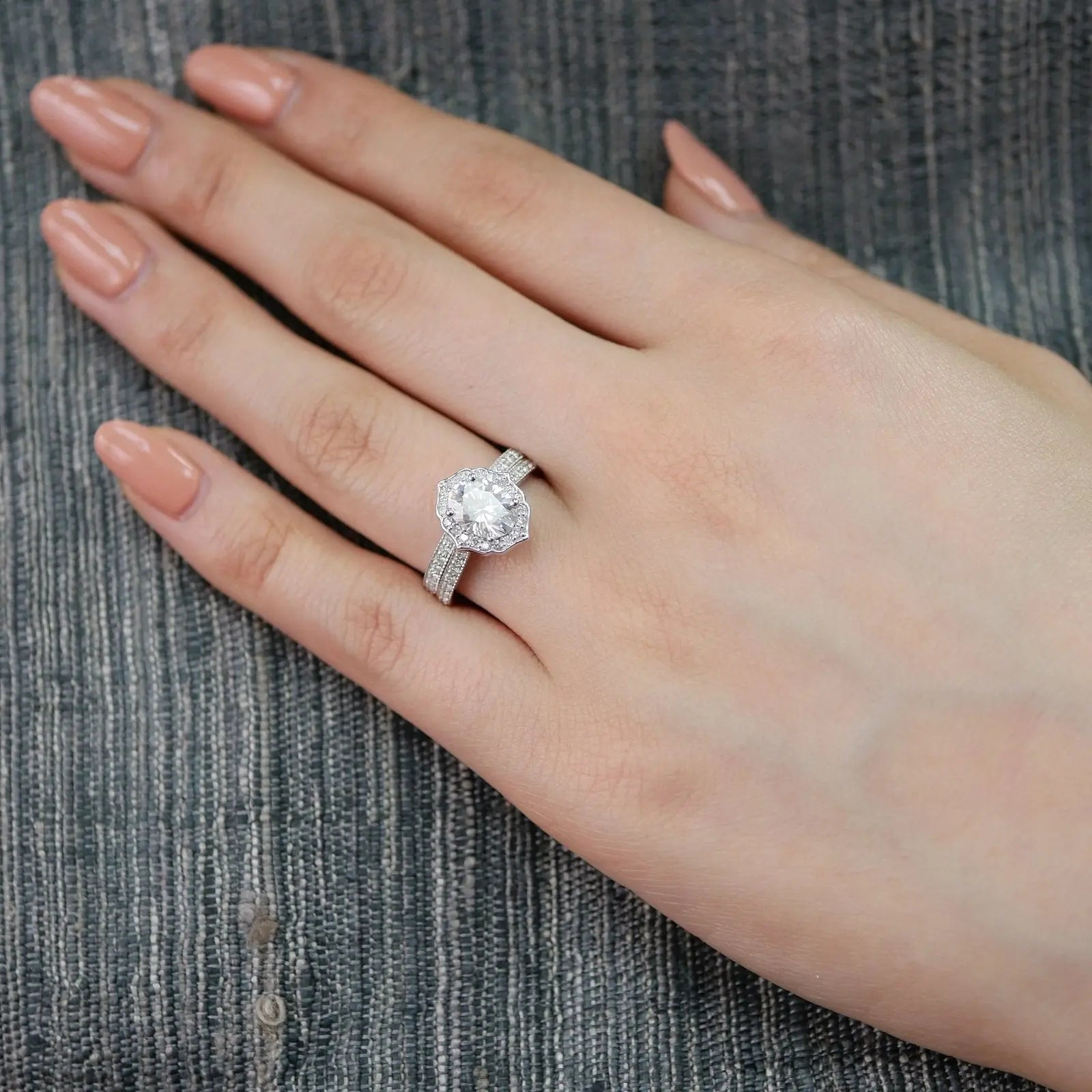 1.50CT Vintage Floral Oval Cut Moissanite Halo Bridal Engagement Ring Set