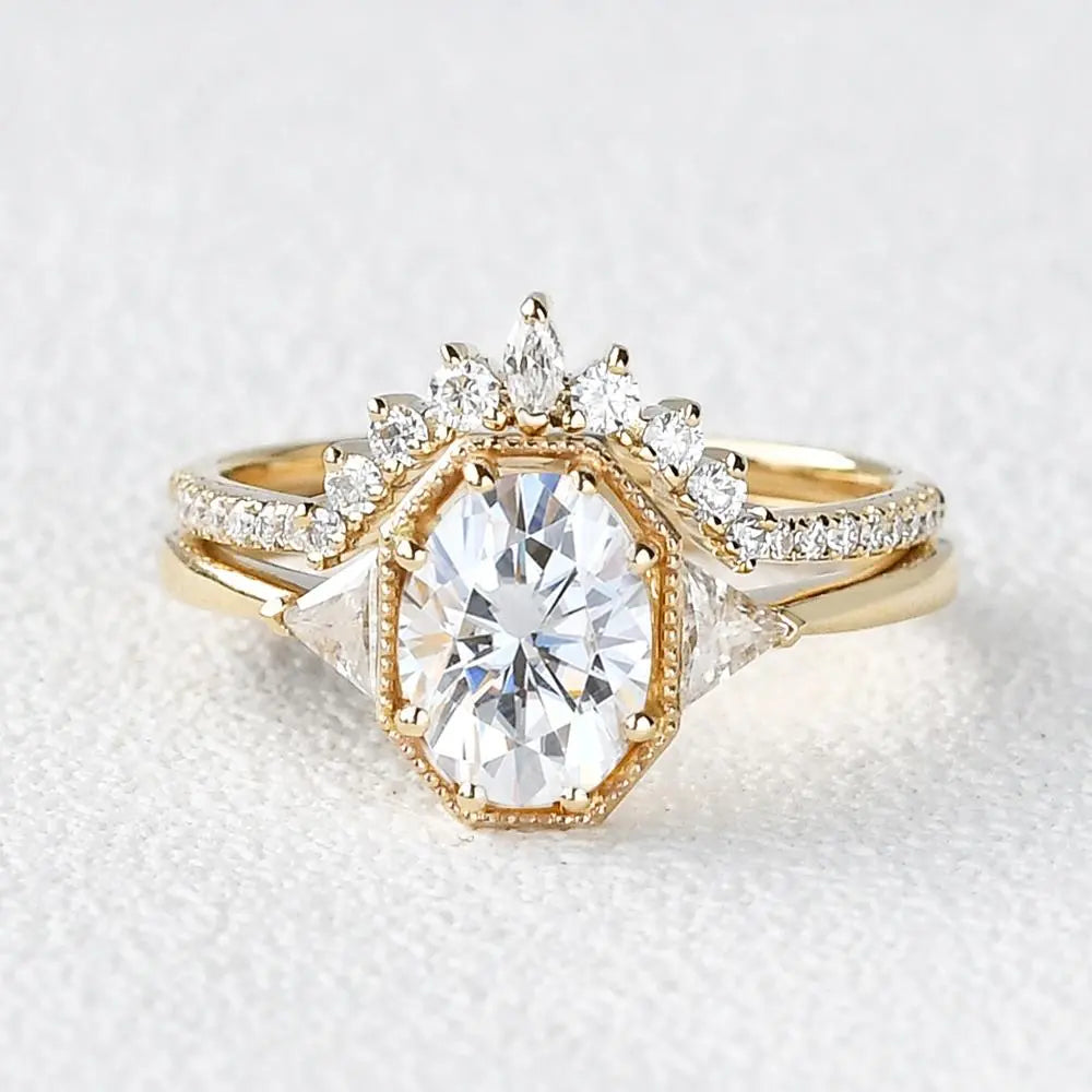 1.21CT Oval Moissanite 3 Stone Engagement Ring with Curved Stacking Band