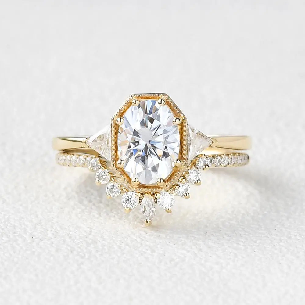 1.21CT Oval Moissanite 3 Stone Engagement Ring with Curved Stacking Band
