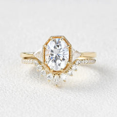 1.21CT Oval Moissanite 3 Stone Engagement Ring with Curved Stacking Band