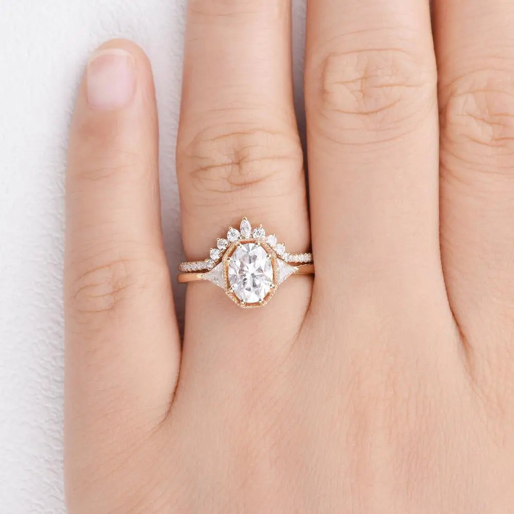 1.21CT Oval Moissanite 3 Stone Engagement Ring with Curved Stacking Band