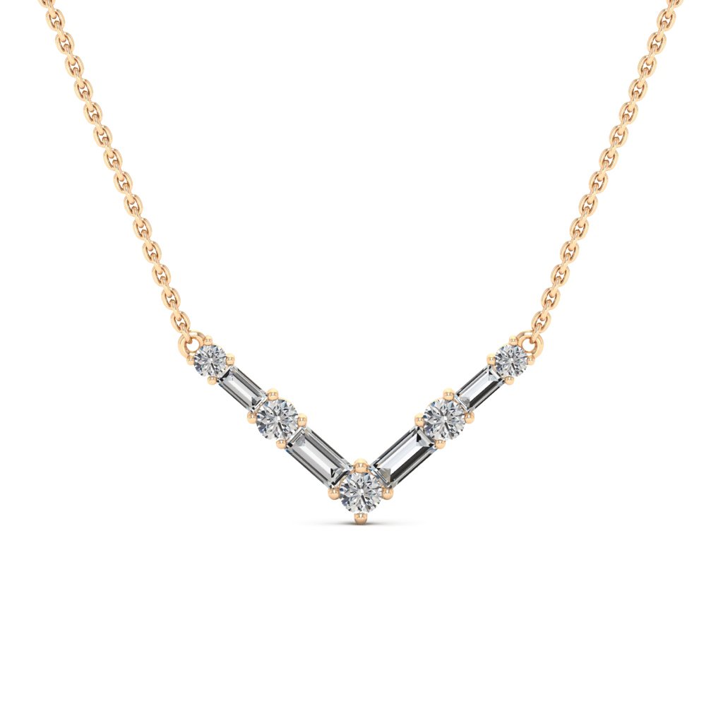 Round & Baguette Cut Moissanite Diamond V Shape Necklace for Women