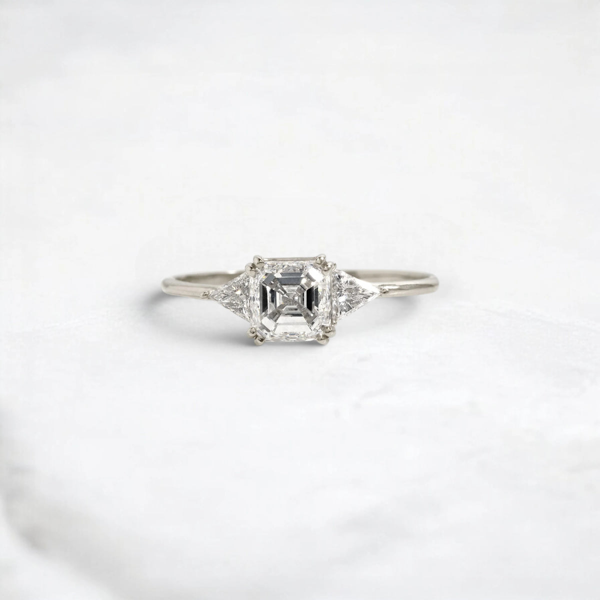 1.01CT Asscher Cut Three Stone Moissanite Engagement Ring with Triangle Side Stones