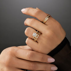 Asscher Cut 2.12CT Moissanite Engagement Ring with Six Baguette Side Stones Pave Style Band in 14K Gold