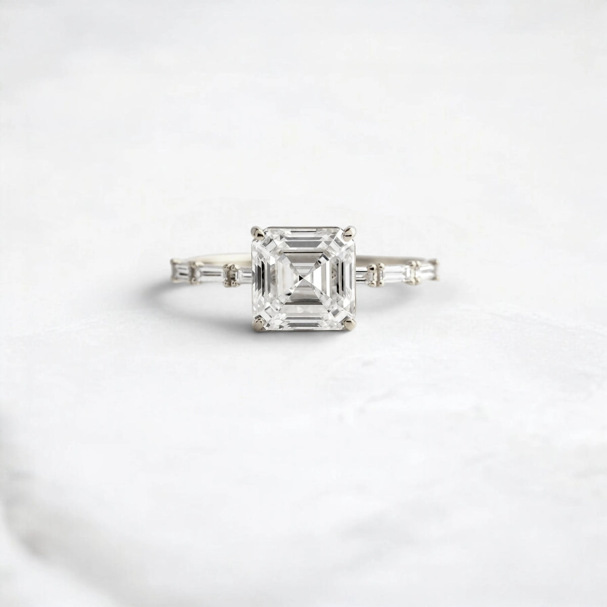 Asscher Cut 2.12CT Moissanite Engagement Ring with Six Baguette Side Stones Pave Style Band in 14K Gold