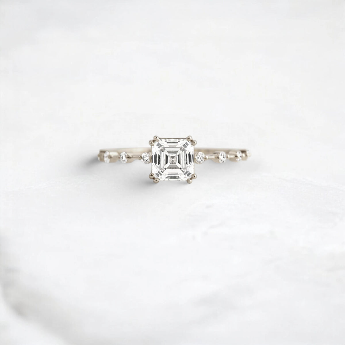 Asscher Cut 1CT Moissanite Engagement Ring, Pave Four Double Prongs