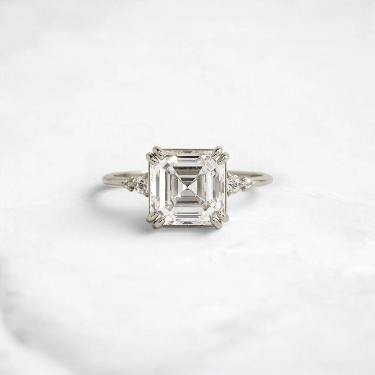 Asscher Cut 3CT Mossinite Engagement Pave Ring, Two On Each Side Focal Stone.