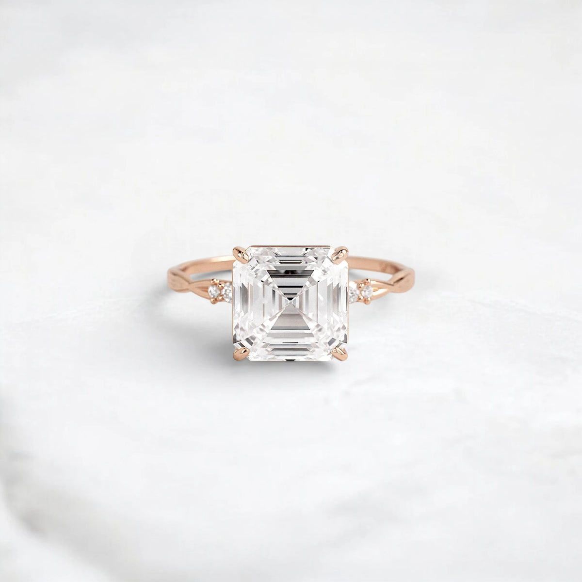 Asscher Shape Moissanite Twisted Pave Band Engagement Ring Accented Six Round Cut