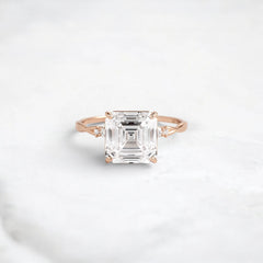 Asscher Shape Moissanite Twisted Pave Band Engagement Ring Accented Six Round Cut