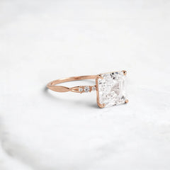Asscher Shape Moissanite Twisted Pave Band Engagement Ring Accented Six Round Cut