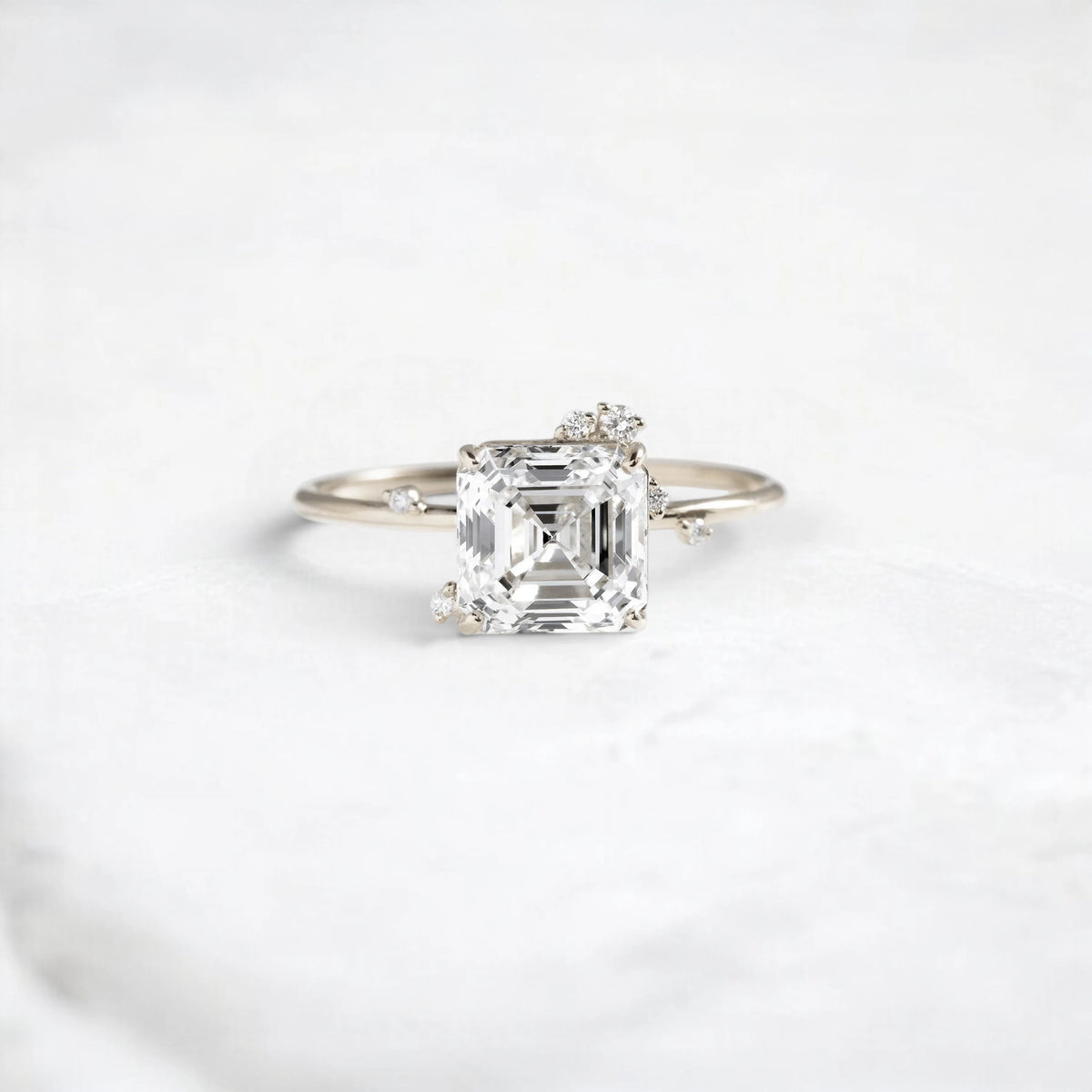 Golden Aura Asscher Cut 1.5CT Moissanite Cluster Engagement Ring with Scattered Sparkle Accents