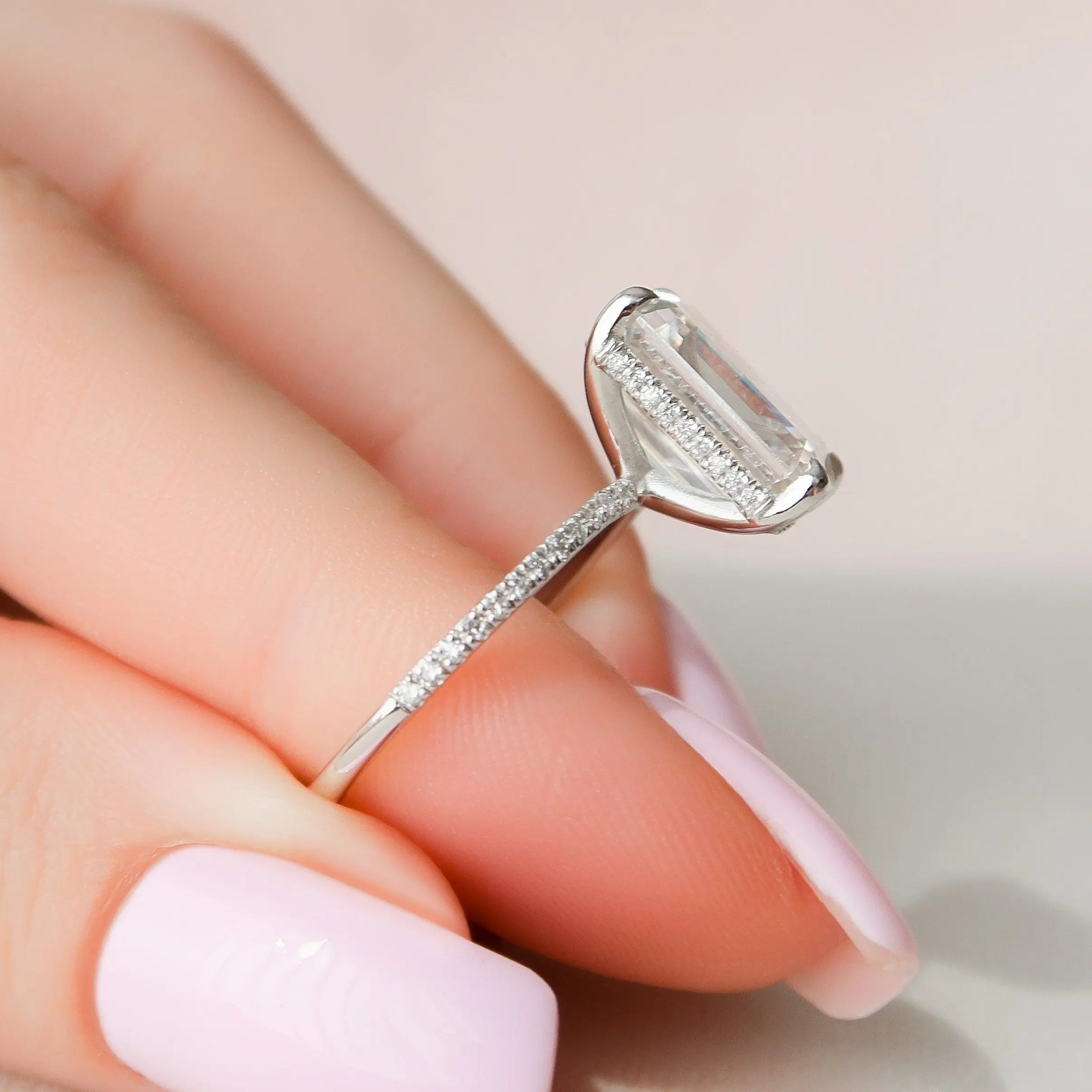 5.0CT Emerald Cut Moissanite Hidden Halo Engagement Ring
