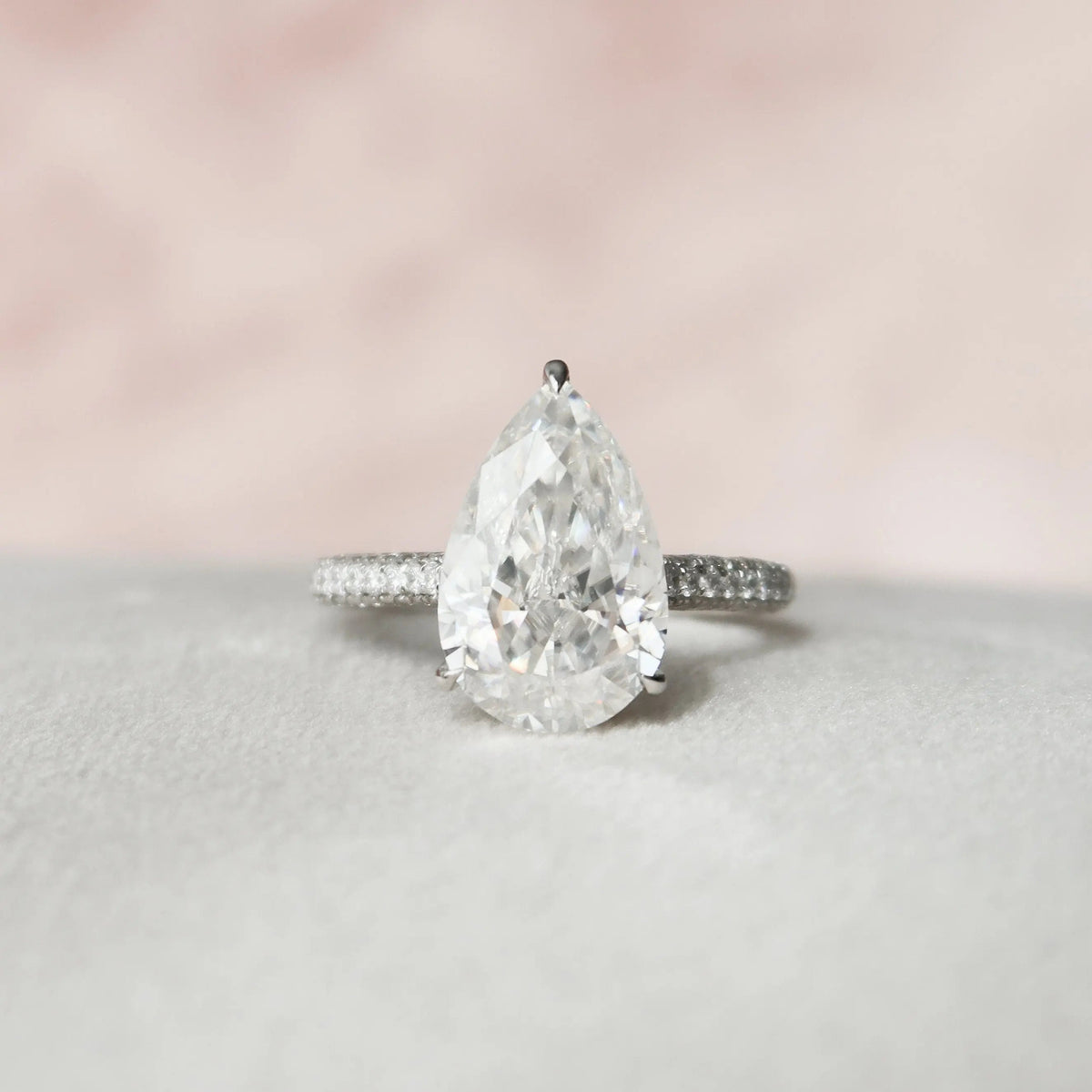 Pear Cut Hidden Halo 5.0CT Lab-Grown Three Side Pave Engagement Ring