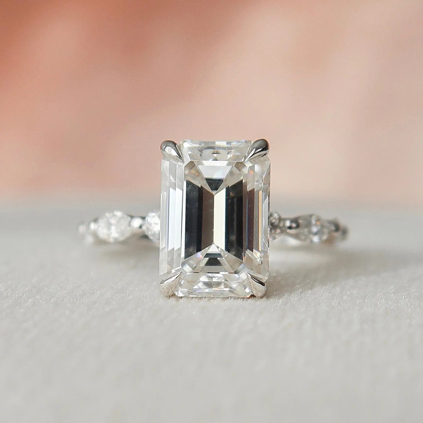 3.0CT Emerald Cut Moissanite Hidden Halo Engagement Ring