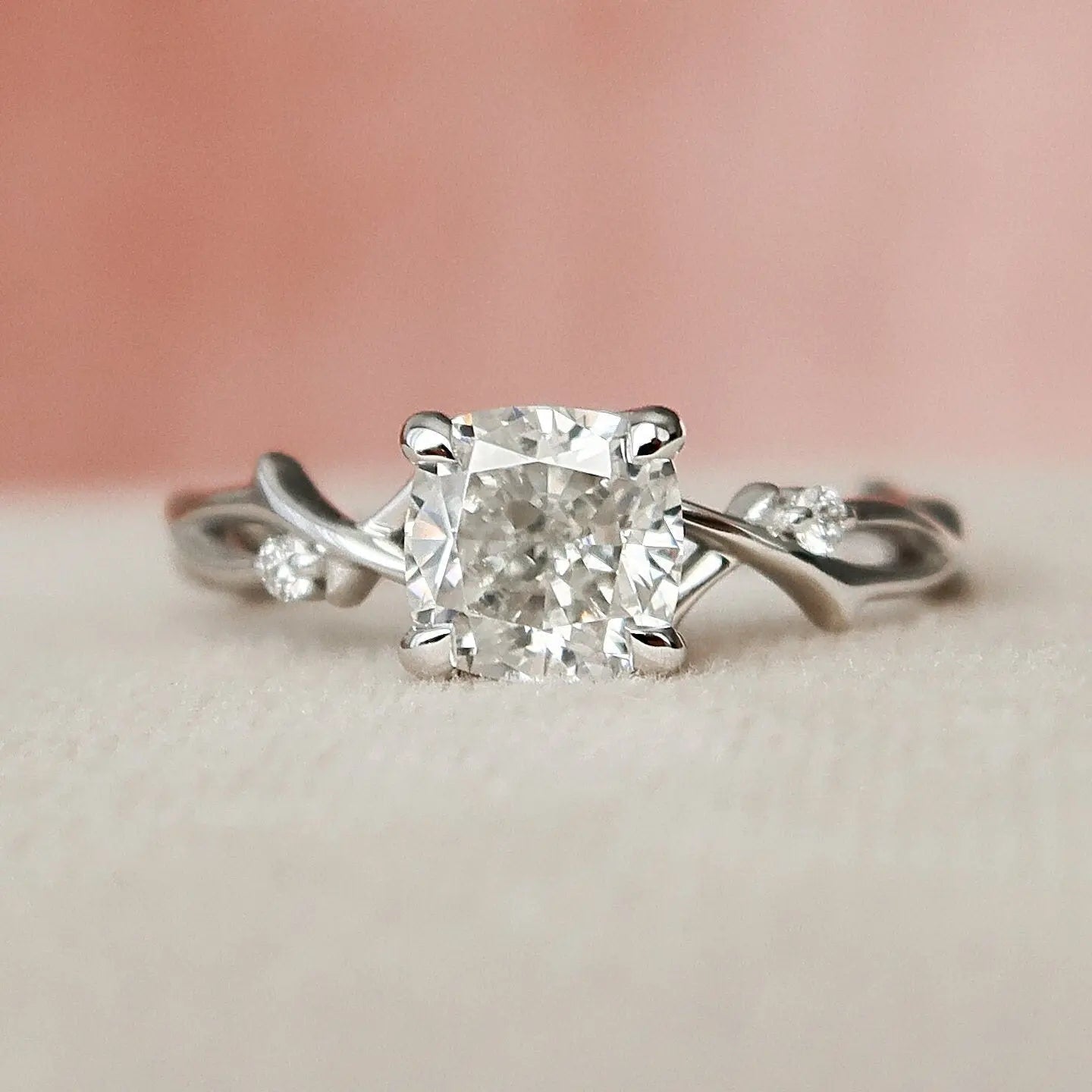 1.0CT Cushion Cut Twig Branch Nature Inspired Moissanite Engagement Ring