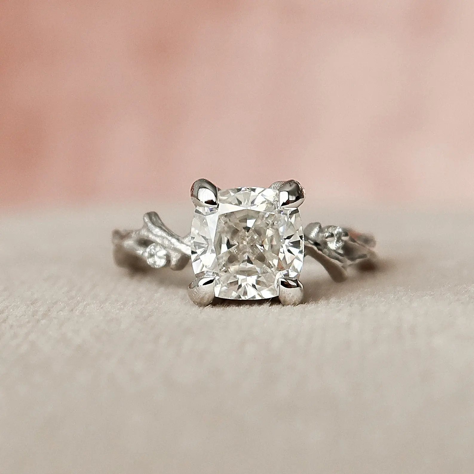 1.50CT Cushion Cut Branch Nature Inspired Moissanite Engagement Ring