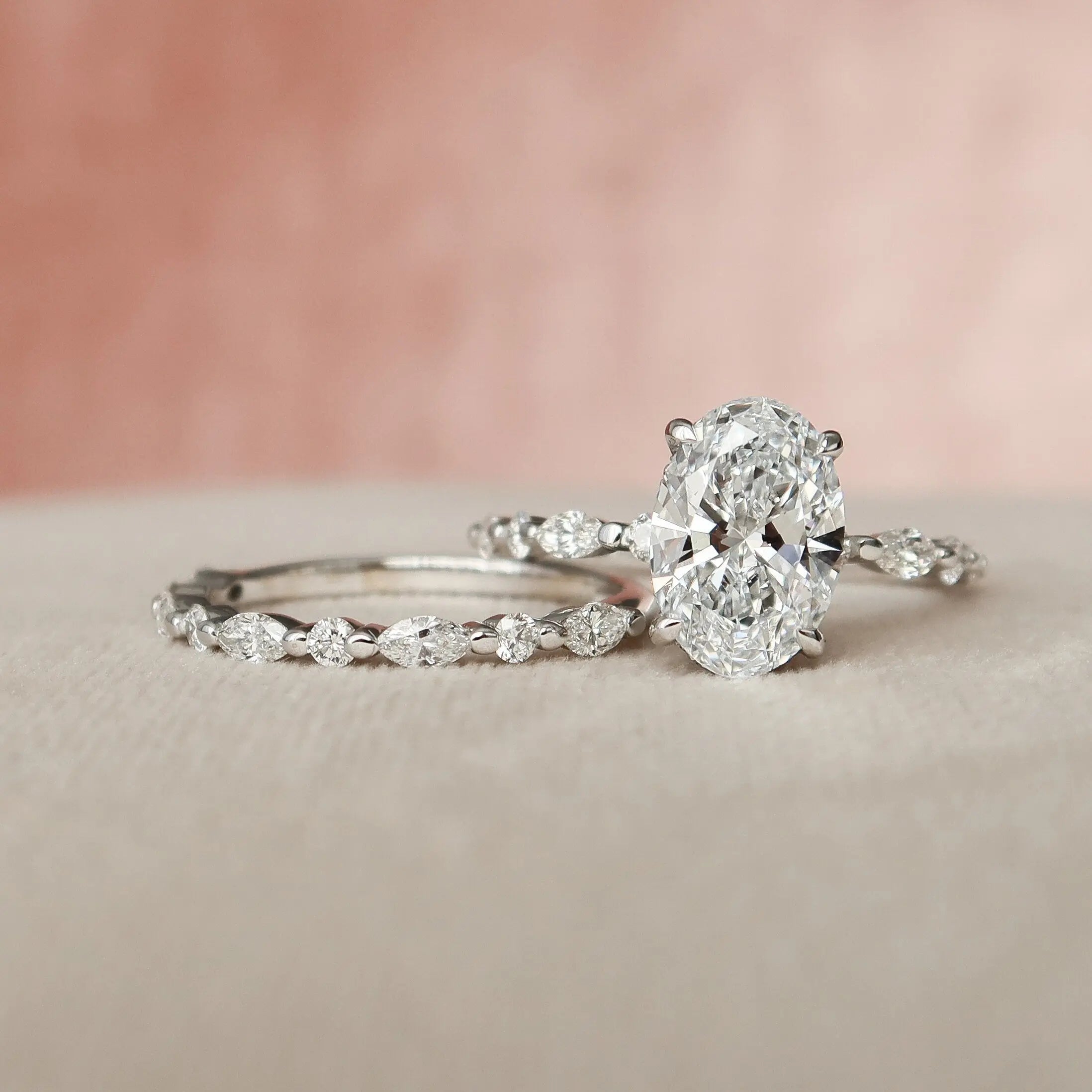 Oval cut moissanite bridal ring set with eternity wedding band