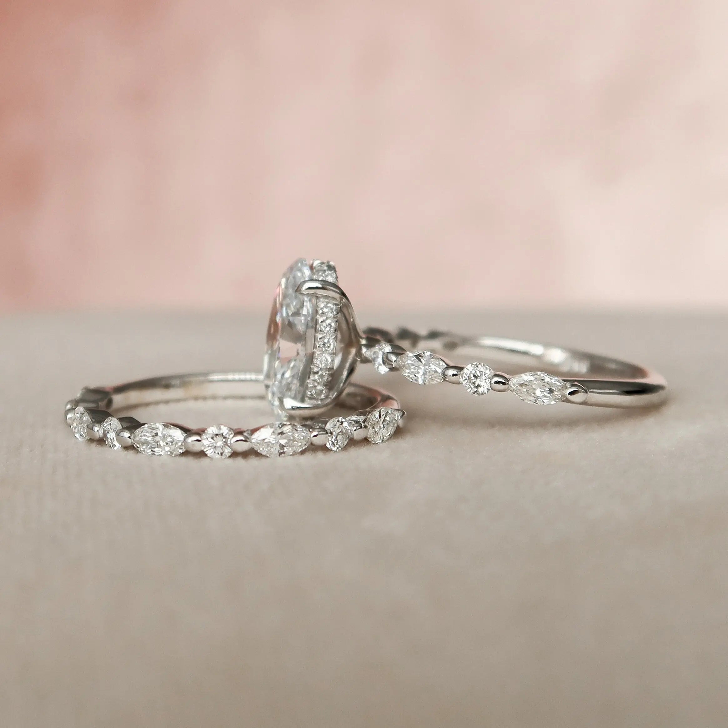 Oval moissanite engagement ring with matching wedding band